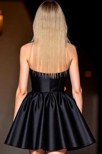 Halter Black Satin A Line Short Prom Dress